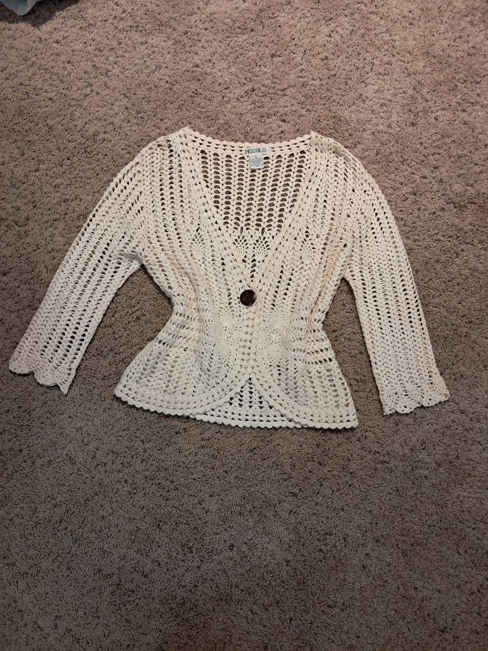 Vintage Cream Crochet Button-Front 3/4 Sleeve Women's Cardigan Sweater Small